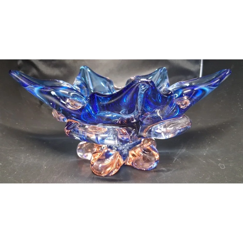 Vintage Murano Sommerso Art Glass Candle Holder, Blue, Clear with Pink Tint